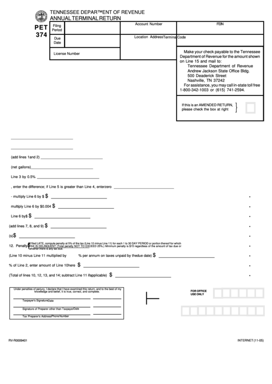 Fillable Form Pet 374 - Annual Terminal Return Printable pdf