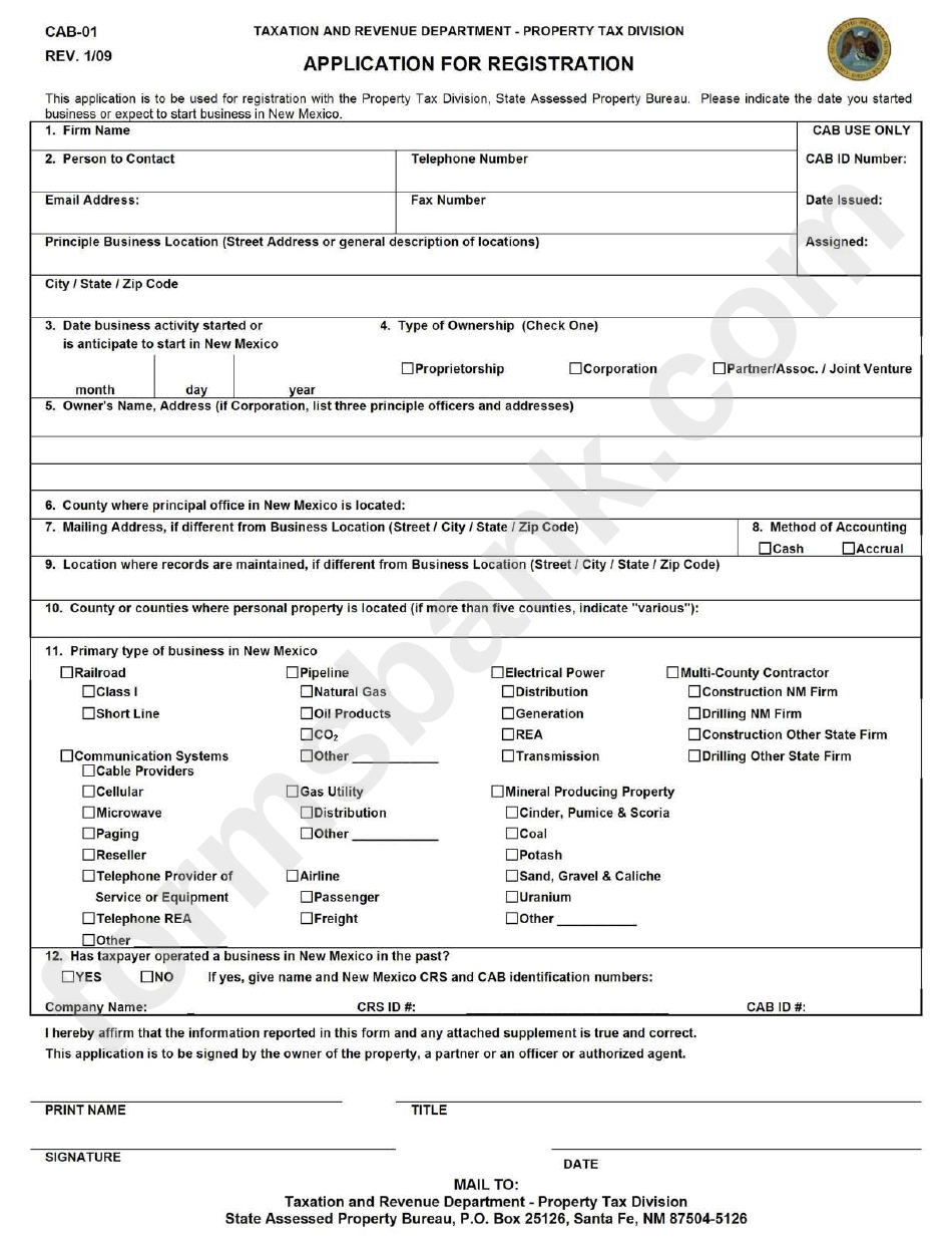 Form Cab-01 - Application For Registration