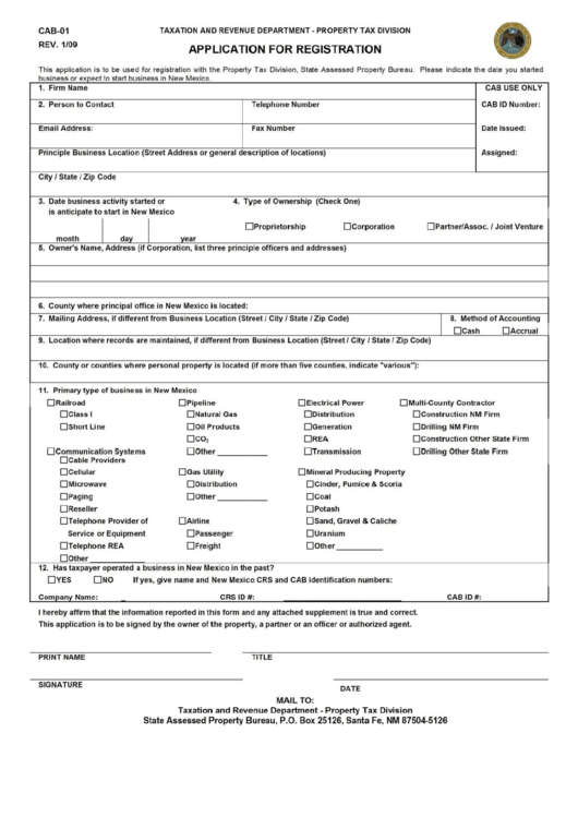 Form Cab-01 - Application For Registration Printable pdf