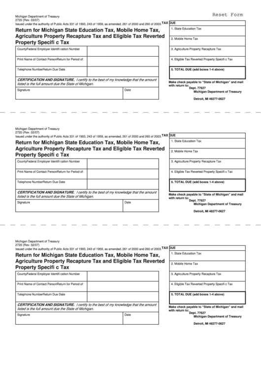 Fillable Form 2720 - Return For Michigan State Education Tax, Mobile Home Tax, Agriculture Property Recapture Tax And Eligible Tax Reverted Property Specific Tax Printable pdf