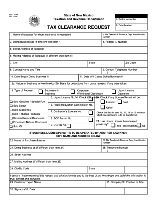 Form Acd-31096 - Tax Clearance Request Printable pdf