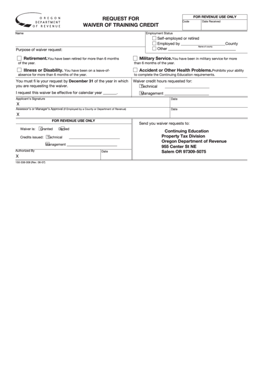 Fillable Request For Waiver Of Training Credit Form Printable pdf
