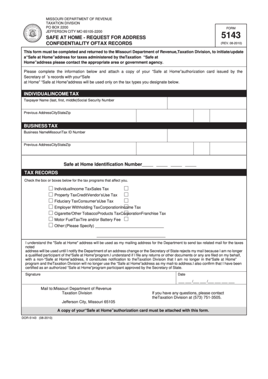 Fillable Form 5143 - Safe At Home - Request For Address Confidentiality Of Tax Records Printable pdf