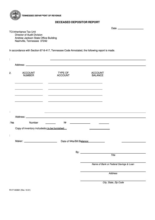 Fillable Form Rv-F1403601 - Deceased Depositor Report Printable pdf
