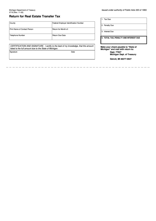 Form 2719 - Return For Real Estate Transfer Tax Printable pdf