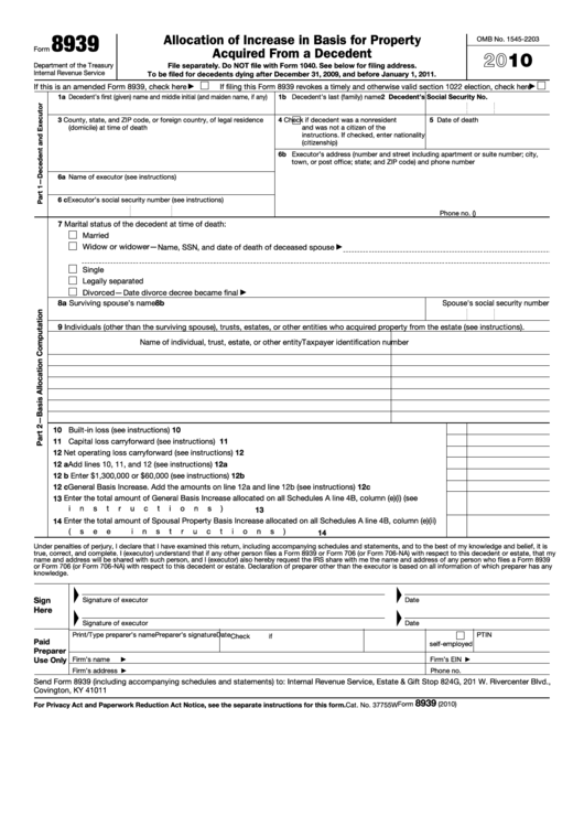 Fillable Form 8939 - Allocation Of Increase In Basis For Property Acquired From A Decedent - 2010 Printable pdf