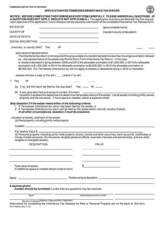 Fillable Form Rv-F1400301 - Application For Tennessee Inheritance Tax Waiver Printable pdf