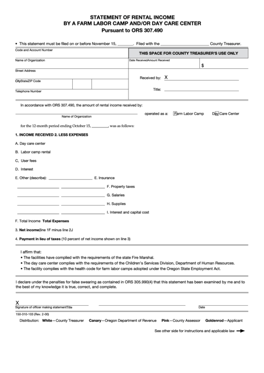 Form 150-310-103 - Statement Of Rental Income By A Farm Labor Camp And/or Day Care Center Printable pdf