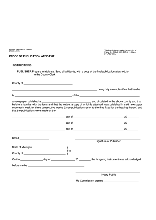 Form 272 - Proof Of Publication Affidavit Printable pdf