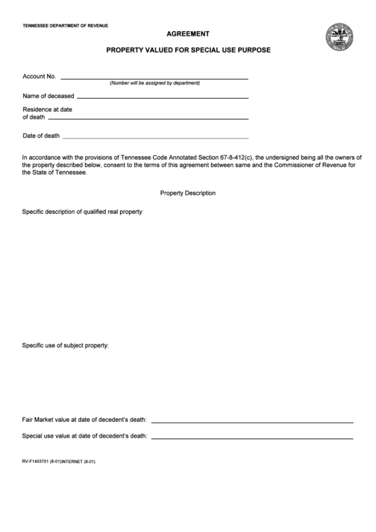 Fillable Form Rv-F1403701 - Agreement Property Valued For Special Use Purpose Printable pdf