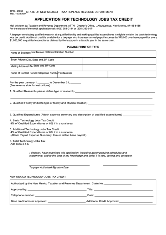 Fillable Form Rpd - 41239 - Application For Technology Jobs Tax Credit Printable pdf