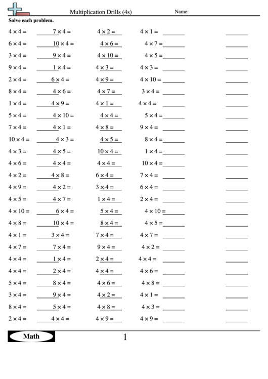 Multiplication Drills (4s) - Multiplication Worksheet With Answers Printable pdf