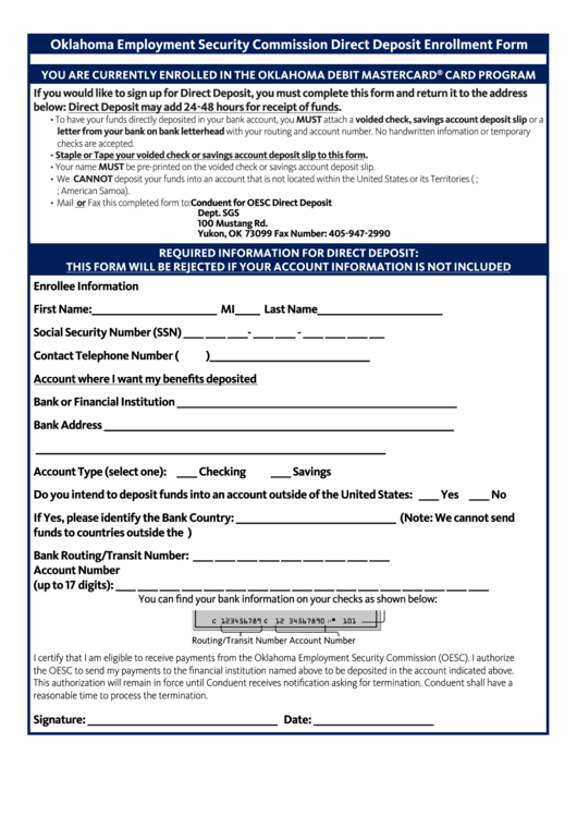 Direct Deposit Enrollment Form - Oklahoma Employment Security Commission Printable pdf