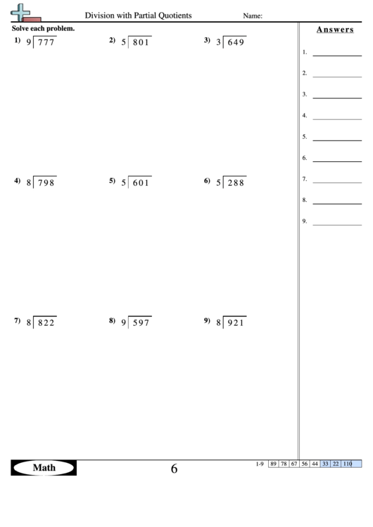 Division With Partial Quotients - Division Worksheet With Answers Printable pdf