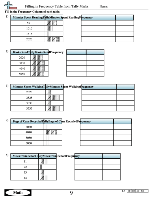 Filling In Frequency Table From Tally Marks - Math Worksheet With Answers Printable pdf