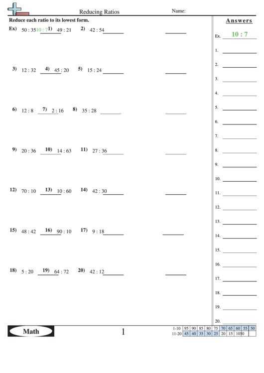 Reducing Ratios - Ratio Worksheet With Answers Printable pdf