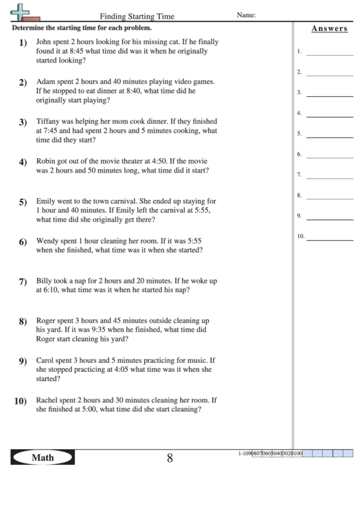 Finding Starting Time - Math Worksheet With Answers Printable pdf