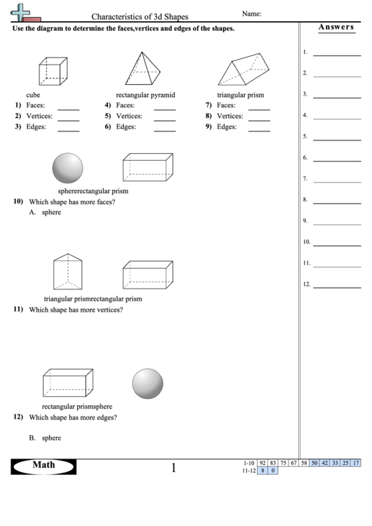 Characteristics Of 3d Shapes - Geometry Worksheet With Answers Printable pdf