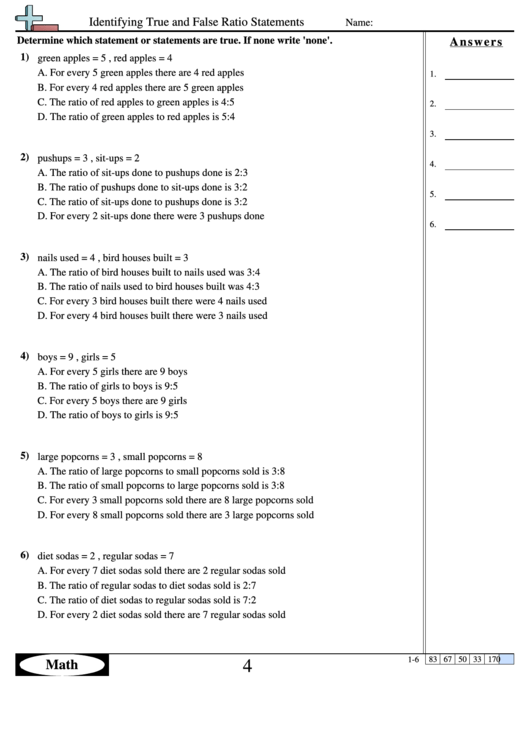 Identifying True And False Ratio Statements - Ratio Worksheet With Answers Printable pdf