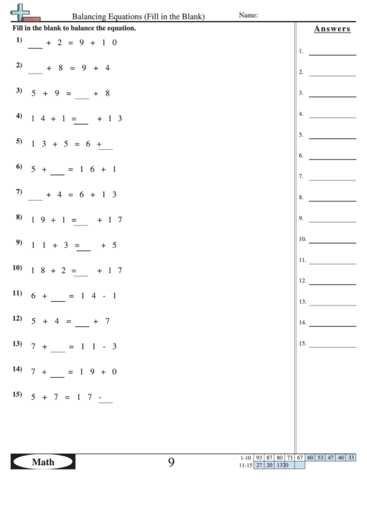 Balancing Equations (Fill In The Blank) - Equation Worksheet With Answers Printable pdf