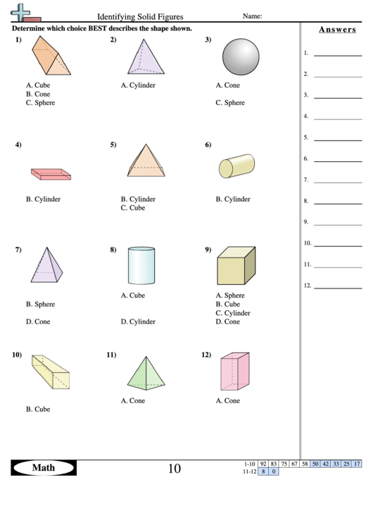 Identifying Solid Figures - Geometry Worksheet With Answers Printable pdf