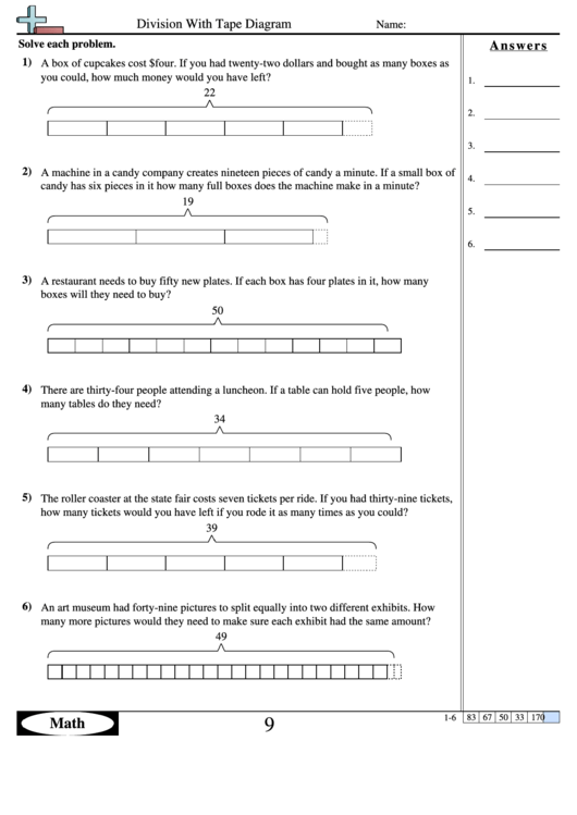 Division With Tape Diagram - Division Worksheet With Answers Printable pdf