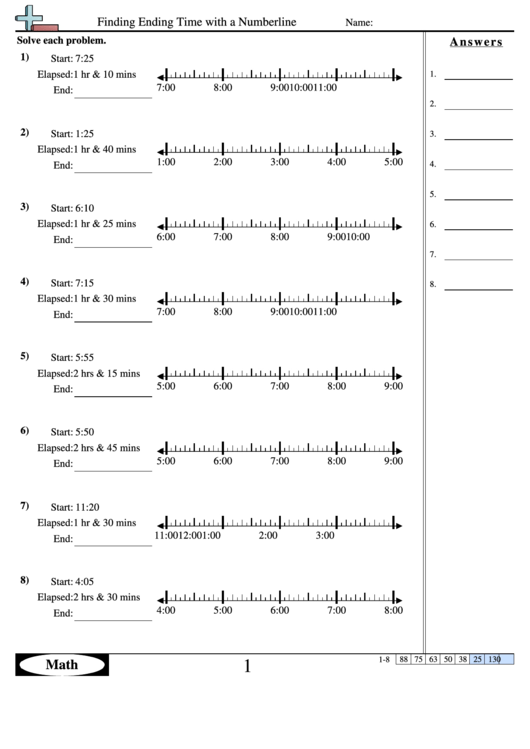 Finding Ending Time With A Numberline - Math Worksheet With Answers Printable pdf