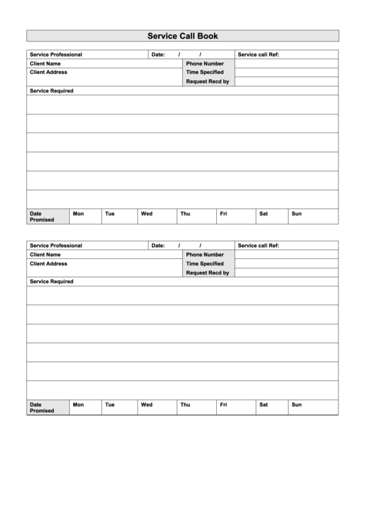 Service Call Book Template Printable pdf