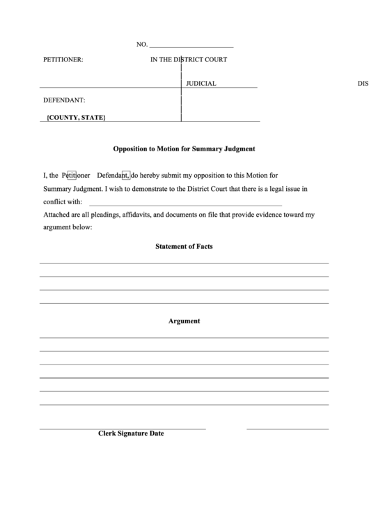 Legal Pleading Template: Opposition To Motion For Summary Judgment Printable pdf