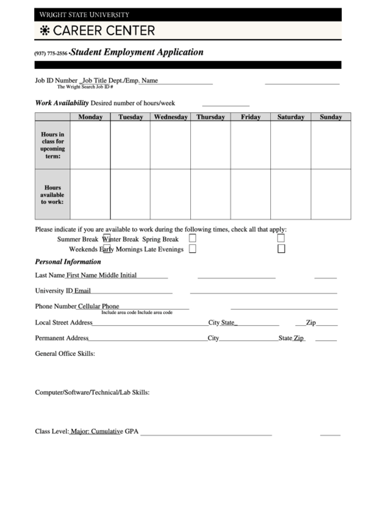 Student Employment Application Form