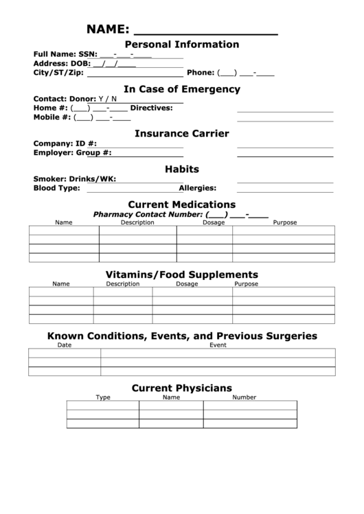 Medical Information Sheet Printable pdf