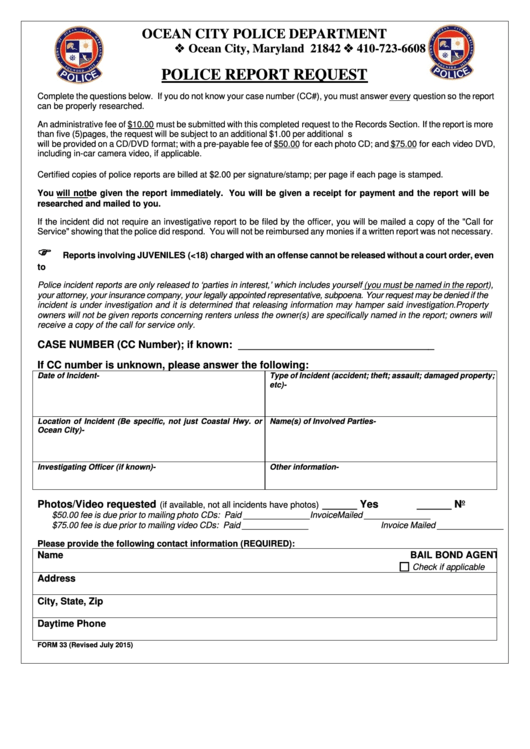 Ocean City Police Department Police Report Request Form Printable pdf