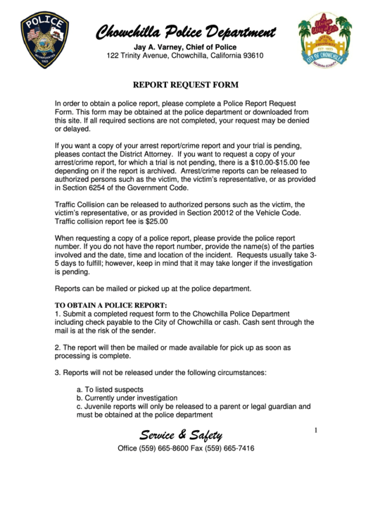 Chowchilla Police Report Request Form Printable pdf