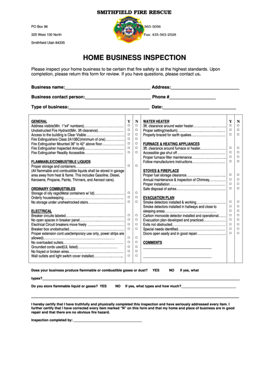 Smithfield Fire Rescue Home Business Inspection Form Printable pdf