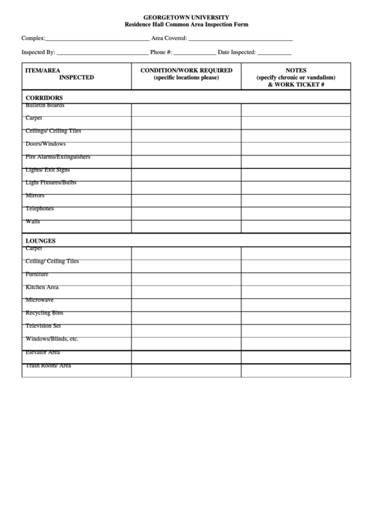 Georgetown University Residence Hall Common Area Inspection Form Printable pdf