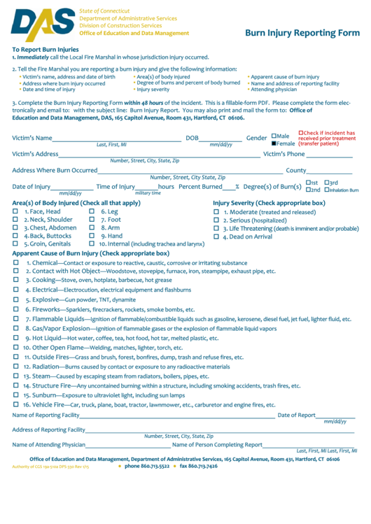 Fillable Burn Injury Reporting Form Printable pdf