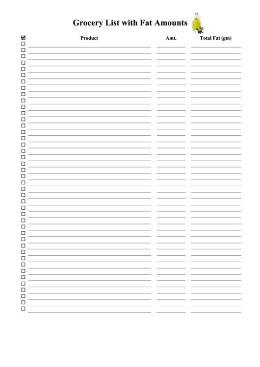 Grocery List With Fat Amounts Printable pdf