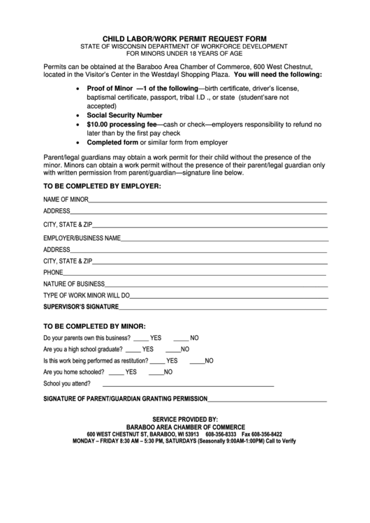 Baraboo Area Chamber Of Commerce Child Labor /work Permit Request Form Printable pdf