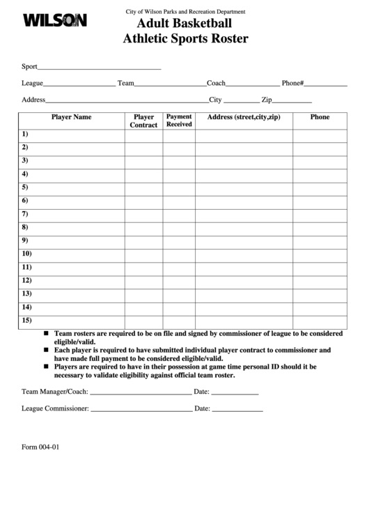 Printable Basketball Roster Template