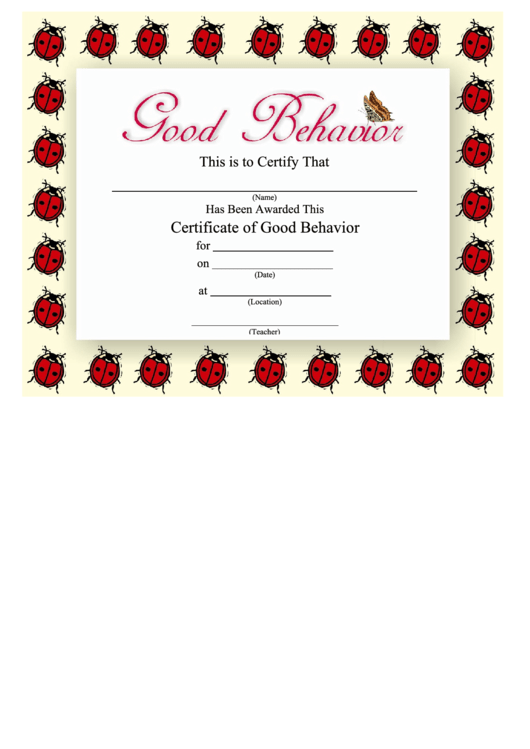 Good Behavior Certificate Template - Ladybug Printable pdf