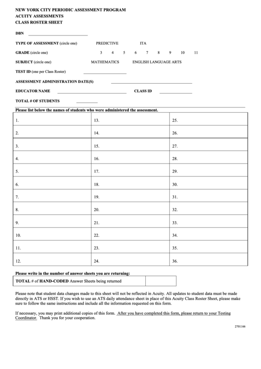 New York City Periodic Assessment Program Acuity Assessments Class Roster Sheet Printable pdf