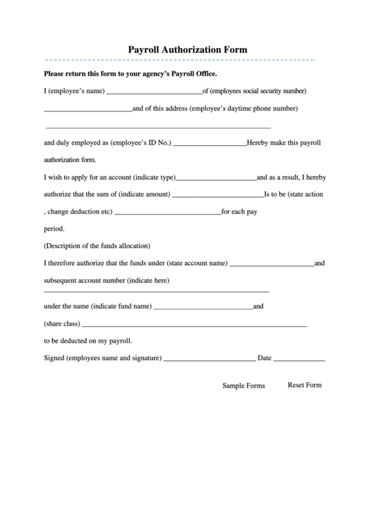 Fillable Payroll Authorization Form Printable pdf