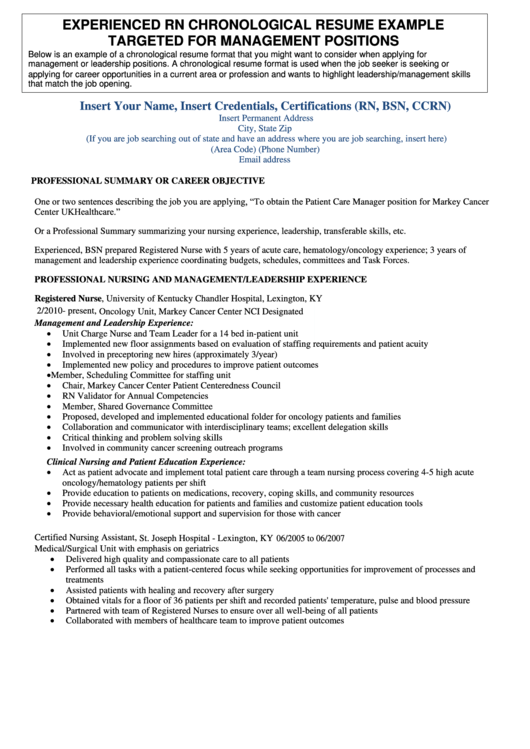 Experienced Rn Chronological Resume Example Targeted For Management Positions Printable pdf