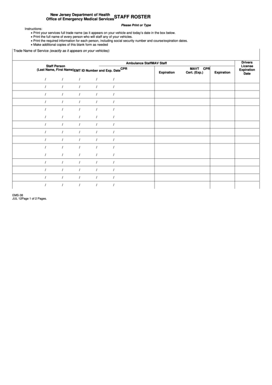 Staff Roster Form Printable pdf