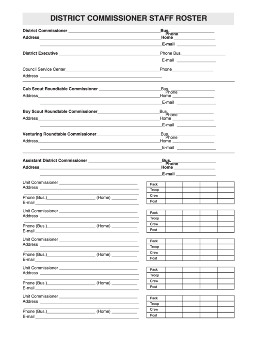 District Commissioner Staff Roster Printable pdf