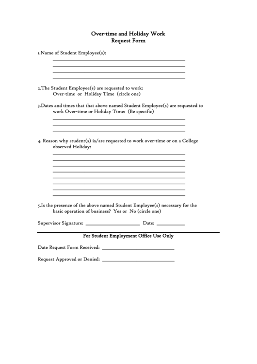 Over-Time And Holiday Work Request Form Printable pdf