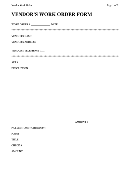 Vendor Work Order Form Printable pdf