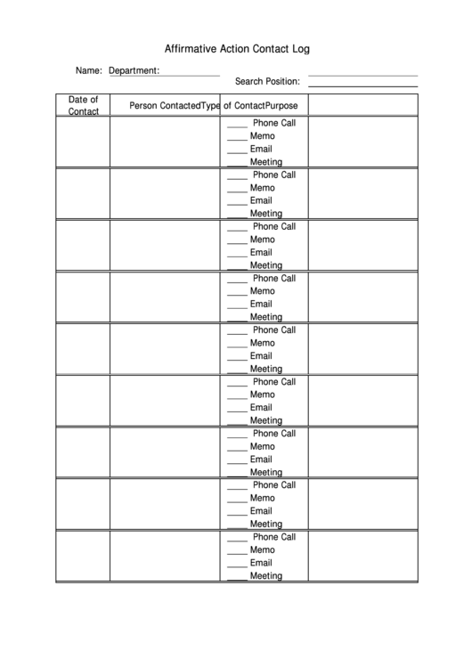 Affirmative Action Contact Log Template Printable pdf