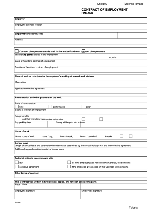 Fillable Contract Of Employment Printable pdf