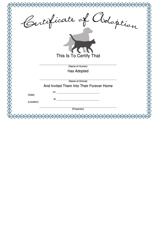 Pet Adoption Certificate Template Printable pdf